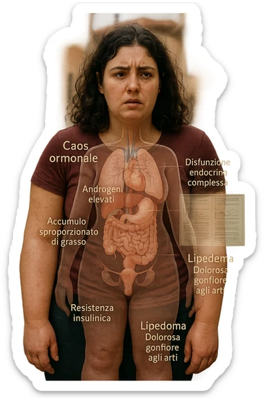cinematic realistic in italiano Woman with PCOS struggling with hormonal chaos, transparent overlay showing elevated androgens and insulin resistance affecting her body, lipedema causing disproportionate fat accumulation in legs and arms despite normal torso, expression of frustration with unexplained weight gain, medical charts showing complex endocrine dysfunction, painful swollen limbs contrasting with metabolic confusion in italiano sticker