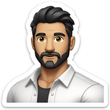 close up of white skin indian in plain white shirt with sleeve up and quiff black hair style and beard and muscle body sticker
