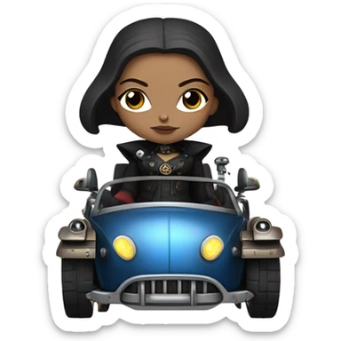 Jedi bounty hunter Wednesday Addams racing sitting in a modern blue,red and pewter steampunk electric luxury sticker