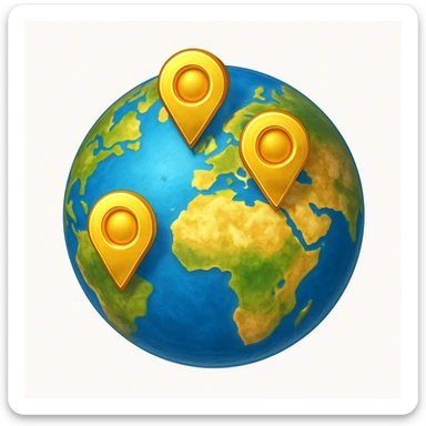 Сгенерируй мне планету на которой стоят геометки, они как будто из золота. В стиле детализированного емодзи, на белом фоне. sticker