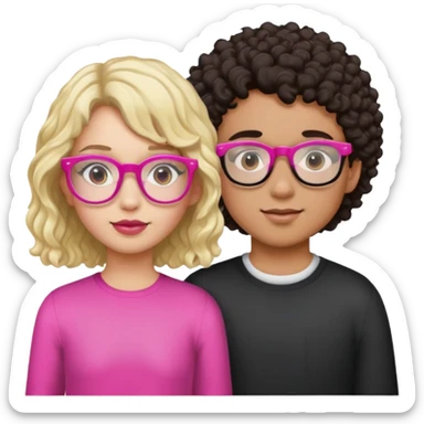 Girl with Dark Brown Curly Hair, Pink glasses, And a mixed skin tone. Boy with white skin tone, Blonde Hair and black glasses  sticker