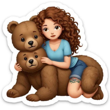 cute woman long curly brown hair tattoos riding sleepy bear sticker
