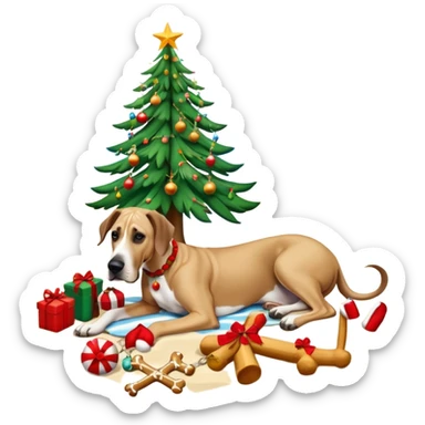 Fawn Great Dane laying on a tropical beach with a Christmas tree and dog bones under the tree sticker