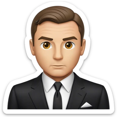 Cinematic Realistic James Bond Portrait Emoji, depicted as a suave, sophisticated secret agent in a tailored suit with a cool, composed gaze and an air of stealth and charm, rendered with crisp textures and dynamic cinematic lighting that captures his timeless espionage allure. sticker