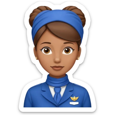 Light Brown skin flight attendant, brown hair in a bun, blue uniform, blue neck scarf sticker