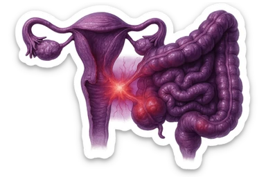 utero umano anatomico iperrealistico e intestino umano anatomico iperrealistico hanno in comune il dolore e l'infiammazione, rendi bene il collegamento tra i due organi doloranti, falla iperrealistica, non disegnata, fai colori che si adattano a questo viola #971ef1 sticker