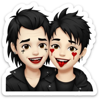 Laughing pale Goth boy with a bunch of face piercings, with shaggy dark brown hair, and messy black eyeliner , smudged, red, lipstick , kissing tan boy with long black hair  sticker