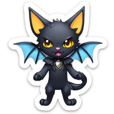  cool edgy kawaii anime-style ethereal dark-punk-themed animal vampiric cat-hybrid Fakemon with fangs and bat-wing-ears with a collar full body sticker