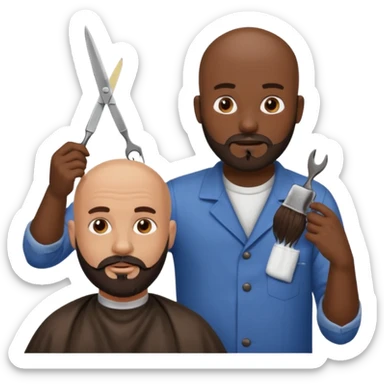 A bald man with a dark brown beard cutting someone’s hair at a barber shop and the other one is eating a poop sticker