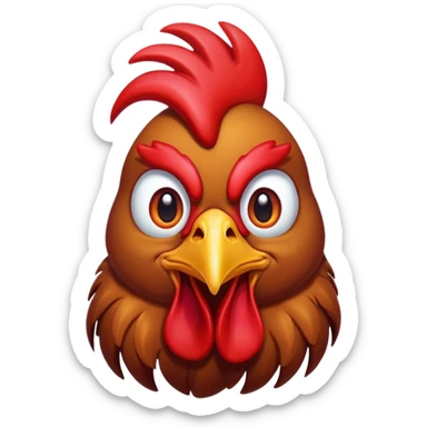 Cinematic Comical Brown Rooster Portrait Emoji, Head tilted dramatically with an exaggeratedly amused expression, featuring a striking, glossy brown plumage with a bold red comb, wide, expressive warm eyes filled with playful disbelief, Simplified yet hilariously expressive features, highly detailed, glowing with a slightly sassy glow, high shine, dramatic yet playful, stylized with an air of cheeky mischief, bright and endearing, soft glowing outline, capturing the essence of a spirited and over-the-top rooster, so meme-worthy it feels like it could crow its way into internet fame instantly! sticker