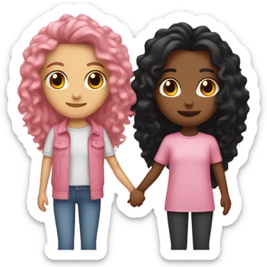 two best friends holding hands , both tan skin. One long black straight hair the other long curly hair. clothing pink for both  sticker