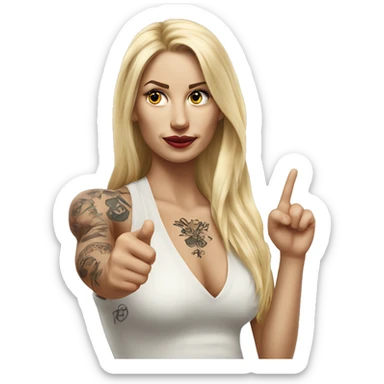 Blonde elegant women with LONG HAIR, her Body Covered with Tattoos, POINTING YOU FORWARD with her HAND with INDEX FINGER, Hyper realistic sticker