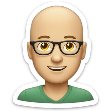 bald young guy with white framed glasses and a left earing with a lightning bolt desing sticker