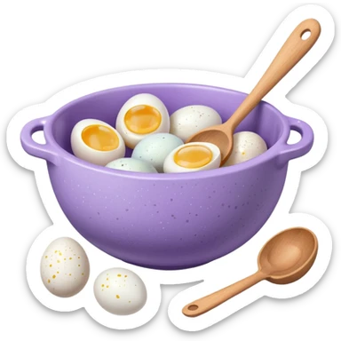 a lilac ceramic mixing bowl with a wooden spoon stirring and sitting next to it is a few eggs sticker