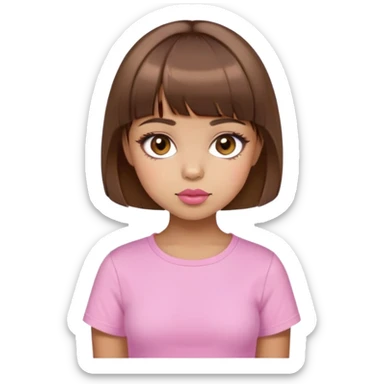 A girl with short slide brown hair with bangs , brown eyes, almost honey skin, add eyeliner, pinky cheeks, pink lipstick on lips and wearing cutie baby tee sticker