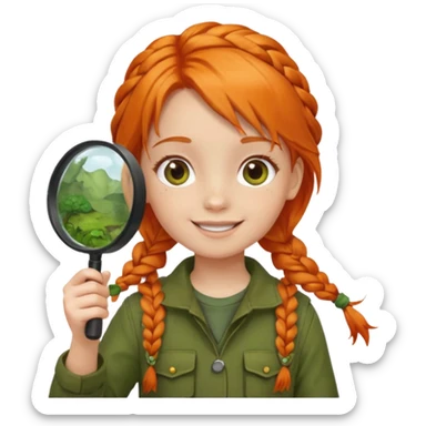 braid orange haired girl kid in moss green explorer outfit, holding magnifying glass sticker