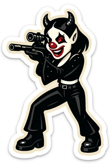 Render the character in retro sticker style with clean lines and a single subject. The character's nose, eyes, and mouth are red; the rest of the look is black, white, or gray. Transparent background. sticker