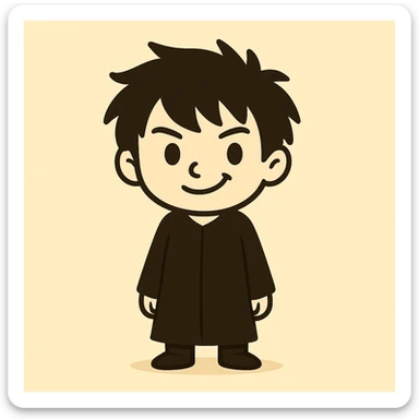 Adjust the character's face to exactly match the style of the references: simple black oval eyes and a subtle smile, keeping the messy black hair, long black dress, and a mischievous expression, with a light beige background. The style should reflect the look of the provided references. sticker