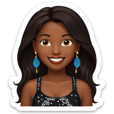 Chilli from TLC with long dark brown hair, black sequin crop top, black earring, dark skin sticker