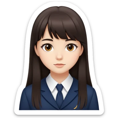 Girl in elegant school uniform with dark brown bangs, long straight hair, minimal makeup, attractive expression sticker