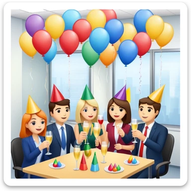 office party with coworkers celebrating, holding drinks and snacks, decorations and balloons in the background sticker