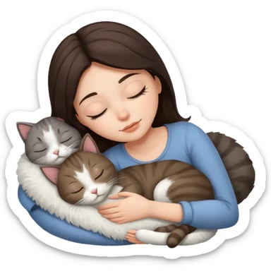 Brunette girl  sleeping with grey white  cat sticker