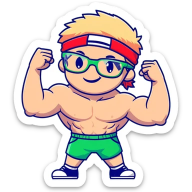 Skinny man with black and white cap, thin bare torso, red shorts, clear glasses, messy light blond mullet hairstyle, smiling and attempting to flex nonexistent muscles sticker