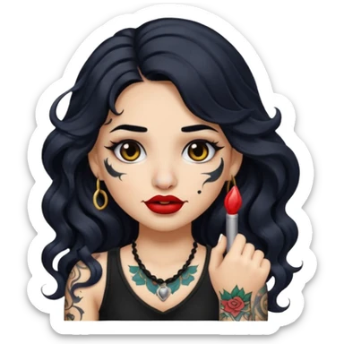 I want to create a female emoji with long black wavy hair and arm tattoo with her nose pierced and black lip stick sticker