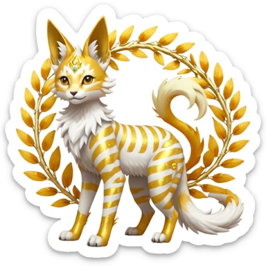 Epic complex fantasy glorious detailed futuristic divine godly angelic feathery sunny, white, albino, pastel, golden, orange glowing sparkly, realistic Fakémon-Sprigatito-Floragato-Meowscarada-Trico-Sergal-Serval-Solgaleo-Vernid-creature (full body) solarpunk, shiny sparkly with gold wreaths sticker