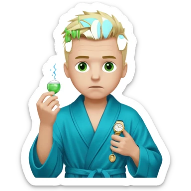 A white man with green eyes, medium-length blond hair in a low mohawk, wearing a blue Cartier watch on his wrist and a luxurious black and white bathrobe, appearing to be about 14 years old, with messy hair and a white pacifier in his mouth. sticker