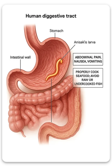 a cutaway view of the human digestive tract, showing an Anisakis larva attached to the stomach or intestinal wall. The parasite is highlighted in color, with surrounding tissue rendered in realistic detail. Educational labels describe symptoms and prevention. sticker