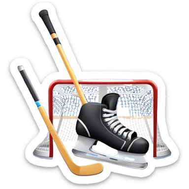 An icon showing a close-up of a hockey stick, puck, skates, and hockey net placed on the ice. The background features a packed stadium with bright lights, cheering fans, and snowy scenery outside. Transparent background highlights the key elements of the game. sticker