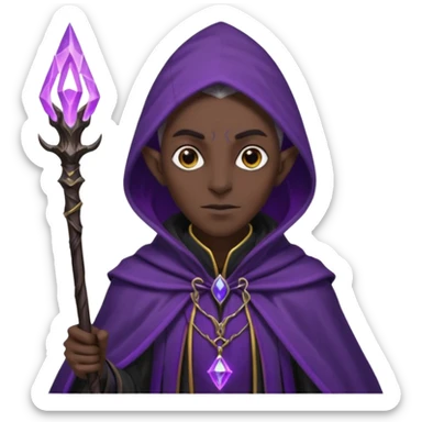{
      "type": "human",
      "look": "dark elf wizard, black cloak, purple energy around staff",
      "description": "a dark elf wizard in a black cloak channeling purple energy around their staff"
    } sticker