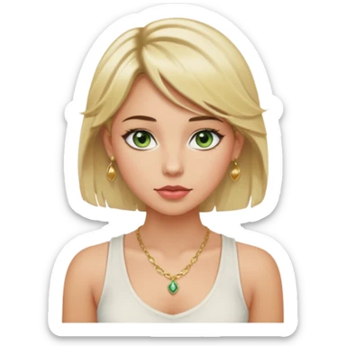 Girl with green eyes, blonde slightly wavy hair, sideswept bangs, darker roots, white but a bit tan, wearing white tank top, golden necklace and gold earrings, rosy cheeks and blushed lips sticker