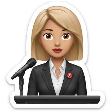 A woman speaks into a microphone, and there is a prompter screen in front of him. sticker