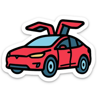 red Tesla Model X with falcon wings up, driving from left to right, angled slightly upward, clean icon style sticker