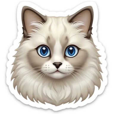 Cinematic-Fluffy-Seal-Ragdoll-Cat-Portrait-Emoji – Head tilted cutely with big, sparkling blue eyes, soft brown-and-white fur with darker seal points on the ears, face, and paws, simplified yet irresistibly adorable features, highly detailed, glowing with a soft and warm charm. sticker