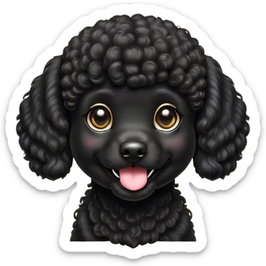 Cinematic Cute Black Poodle Portrait Emoji, Head tilted playfully and inquisitively, showcasing a bouncy, curly jet-black Fur with a striking sheen, round, sparkling dark eyes filled with curiosity, Simplified yet irresistibly adorable features, highly detailed, glowing with a warm, friendly glow, high shine, affectionate and lively, stylized with a touch of whimsy, bright and endearing, soft glowing outline, capturing the essence of a mischievous yet loving companion, so playful it feels like it could bounce out of the screen and into your arms! sticker