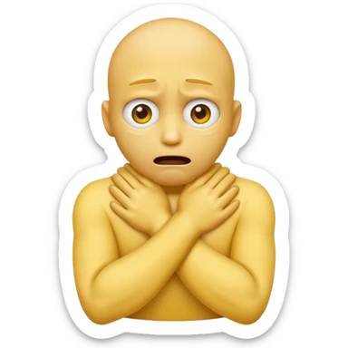 Yellow face emoji strangling itself with 2 arms crossed and hands saround neck and eyes looking up in fear sticker