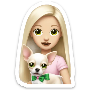 pale blond girl with long platinum hair with green eyes holding a white chihuahua puppy that wearing a pink bow sticker