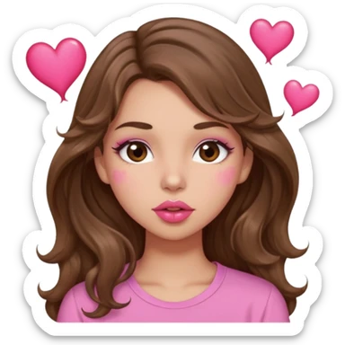 girl with long wavy brown hair, brown eyes, light to medium complexion, in a pink shirt, pink lips, long lashes, puckering lips kissing, blushing with hearts sticker