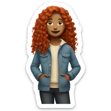 A girl with long red curly hair make a peace sign sticker