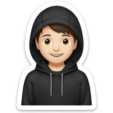 A brunette boy, short straight hair, light brown eyes, with a black sweatshirt with a hoodie, and smile without teeth  sticker