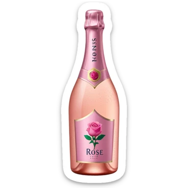 bottle of sparkling rosé with a rose logo on the label, tilted up and to the left, no glass sticker