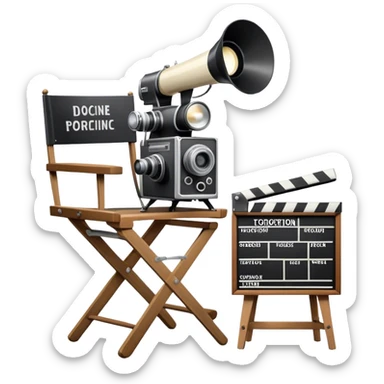Icon for Directing: a director's chair, a film clapperboard, large movie camera, vintage megaphone and a stage with a spotlight. The icon should represent the creative and organizational aspects of directing, with focus on storytelling, staging, and performance. Transparent background. sticker