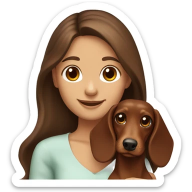a smiling girl with brown long hair and brown eyes holding a dachshund in her arms sticker