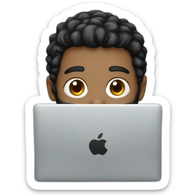 headshot of a black hair boy with black beard using a silver macbook sticker
