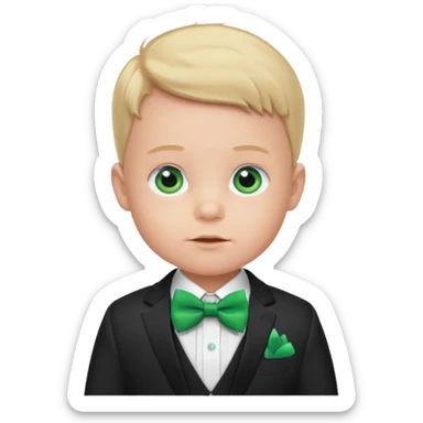 baby boy blue eyes, in suit, with green bow sticker