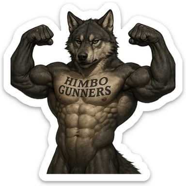 realistic, super buff wolf furry, shirtless, 'Himbo Gunners' tattooed on chest, flexing, powerful physique, serious expression sticker