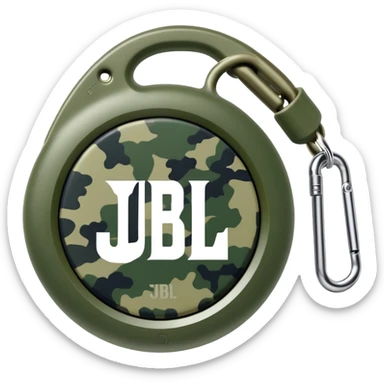 Minimalist JBL Clip 4 speaker with circular shape, carabiner clip, green camouflage pattern, and small JBL logo in the center, iOS emoji style sticker